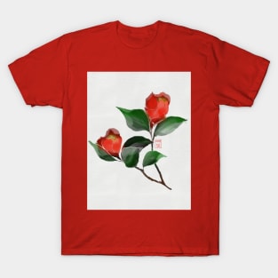 Red watercolor and sumiE ink camellia flowers T-Shirt